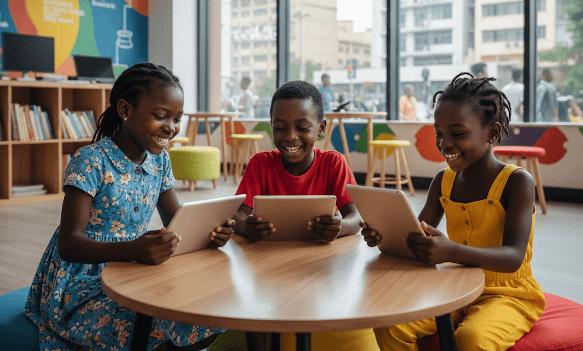 Happy children learning with tablets